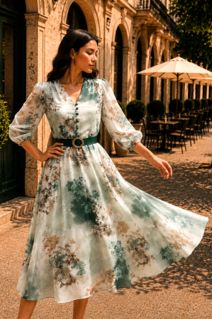 TOATE PRODUSELE - Rochie midi cu imprimeu floral verde și curea in talie
