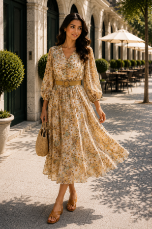 Rochie midi cu imprimeu floral galben și curea in talie [1]