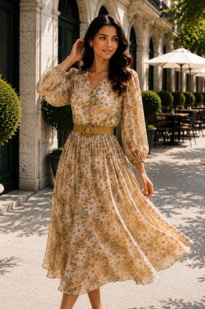 TOATE PRODUSELE - Rochie midi cu imprimeu floral galben și curea in talie