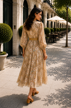 Rochie midi cu imprimeu floral galben și curea in talie [2]