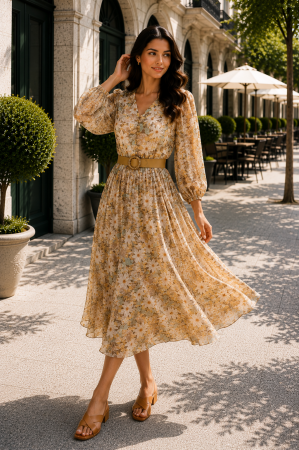Rochie midi cu imprimeu floral galben și curea in talie [3]