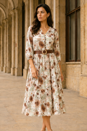 VEZI TOATE NOUTĂȚILE - Rochie midi cu imprimeu floral maro și curea in talie