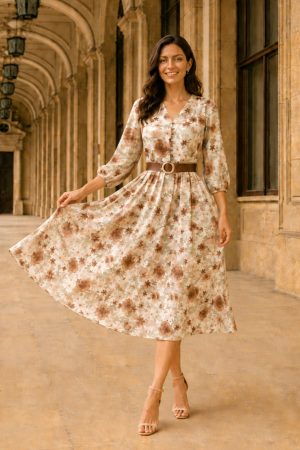 Rochie midi cu imprimeu floral maro și curea in talie [1]