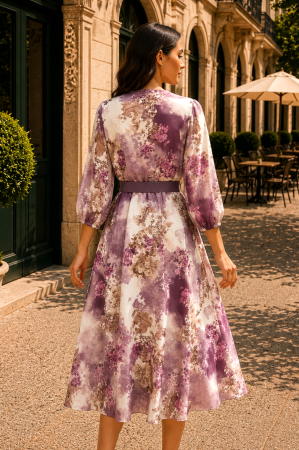 Rochie midi cu imprimeu floral mov și curea in talie [3]