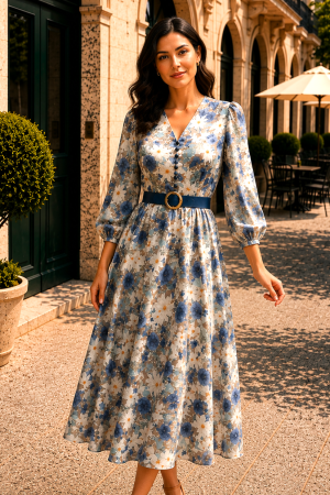 TOATE PRODUSELE - Rochie midi cu imprimeu floral albastru și curea in talie
