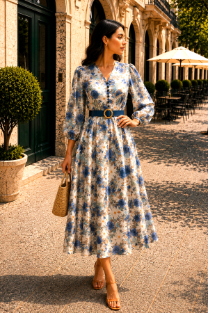 Rochie midi cu imprimeu floral albastru și curea in talie [1]
