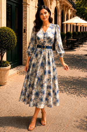 Rochie midi cu imprimeu floral albastru și curea in talie [2]