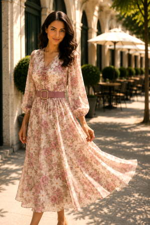 TOATE PRODUSELE - Rochie midi cu imprimeu floral roz pudră și curea in talie