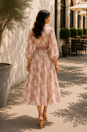 Rochie midi cu imprimeu floral roz pudră și curea in talie [3]