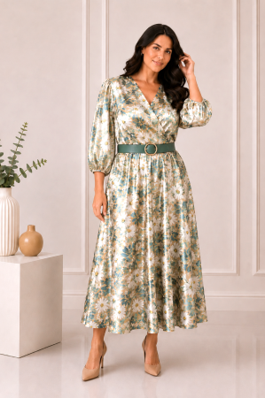 TOATE PRODUSELE - Rochie midi din satin cu imprimeu floral verde și curea in talie