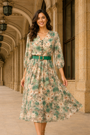 VEZI TOATE NOUTĂȚILE - Rochie midi cu imprimeu floral verde și curea in talie