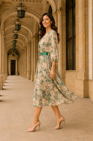 Rochie midi cu imprimeu floral verde și curea in talie [1]