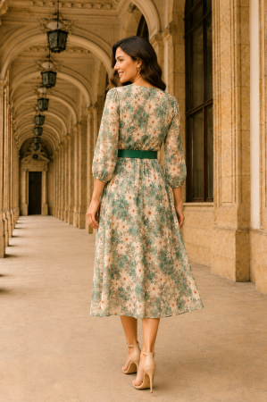Rochie midi cu imprimeu floral verde și curea in talie [3]