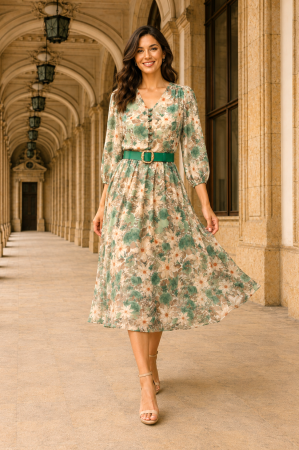 Rochie midi cu imprimeu floral verde și curea in talie [2]