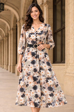 Rochie midi cu imprimeu floral negru și curea in talie [4]
