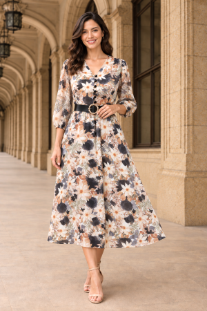 Rochie midi cu imprimeu floral negru și curea in talie [1]