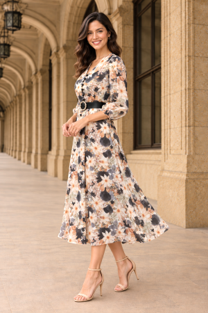Rochie midi cu imprimeu floral negru și curea in talie [2]