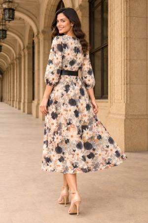 Rochie midi cu imprimeu floral negru și curea in talie [3]