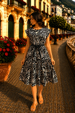 Rochie midi cu imprimeu zebra și cordon în talie [1]