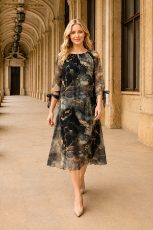Rochie midi din mătase cu imprimeu negru [4]