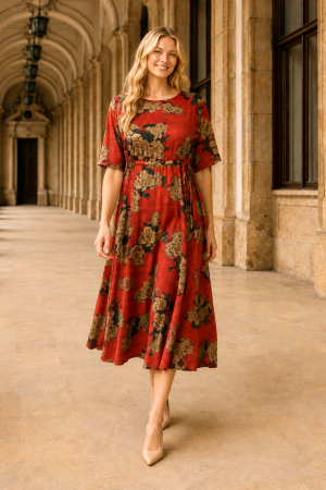 VEZI TOATE NOUTĂȚILE - Rochie midi din mătase roșie cu imprimeu floral