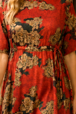 Rochie midi din mătase roșie cu imprimeu floral [1]