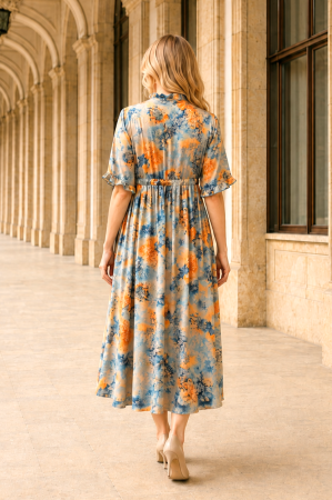 Rochie midi din mătase cu imprimeu floral albastru și portocaliu [3]