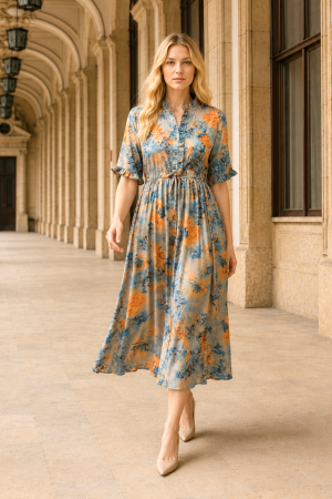 VEZI TOATE NOUTĂȚILE - Rochie midi din mătase cu imprimeu floral albastru și portocaliu