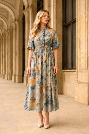 Rochie midi din mătase cu imprimeu floral albastru și portocaliu [1]