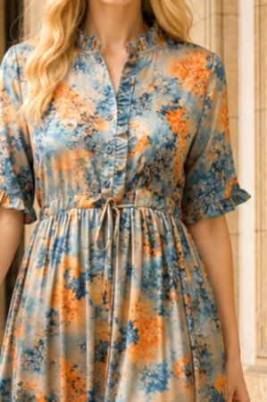 Rochie midi din mătase cu imprimeu floral albastru și portocaliu [4]