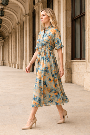 Rochie midi din mătase cu imprimeu floral albastru și portocaliu [2]