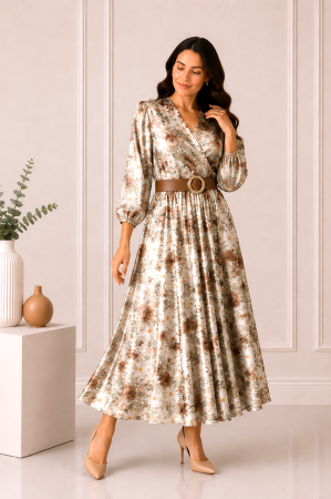 Rochie midi din satin cu imprimeu floral maro și curea in talie [1]