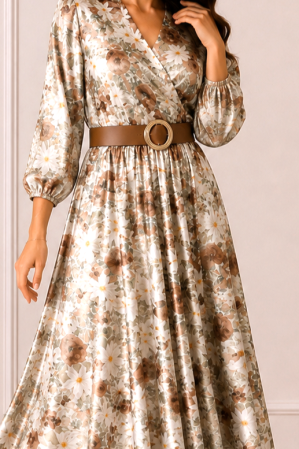 Rochie midi din satin cu imprimeu floral maro și curea in talie [3]