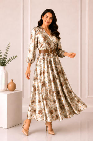 TOATE PRODUSELE - Rochie midi din satin cu imprimeu floral maro și curea in talie