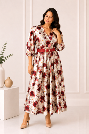 Rochie midi din satin cu imprimeu floral roșu și curea in talie [1]