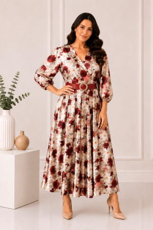 TOATE PRODUSELE - Rochie midi din satin cu imprimeu floral roșu și curea in talie