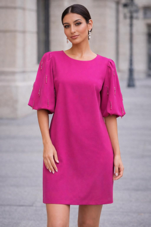 ROCHII DE BOTEZ - Rochie midi fucsia cu mâneci accesorizate cu pietricele