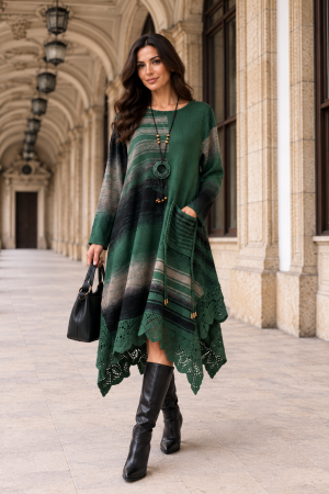 ROCHII - Rochie midi verde tricotată din lână cu detalii croșetate