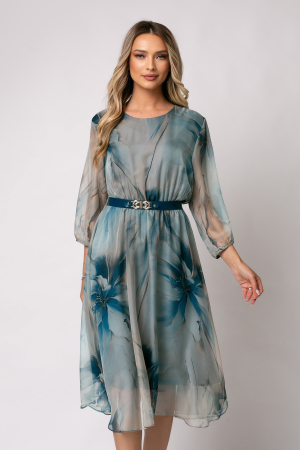 COLECȚIE NOUĂ - Rochie midi mărime mare cu imprimeu floral albastru degrade