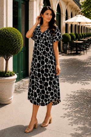 Rochie midi mărime mare imprimată negru-bej și croială lejeră [2]