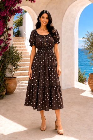 Rochie midi maro de vară imprimată cu buline [1]