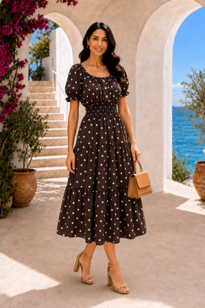 TOATE PRODUSELE - Rochie midi maro de vară imprimată cu buline