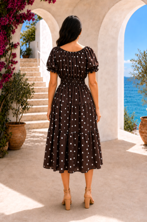 Rochie midi maro de vară imprimată cu buline [2]