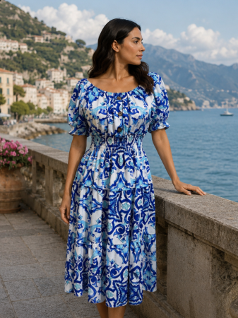 ROCHII MARIMI MARI XXL - Rochie midi bleu de vară imprimată