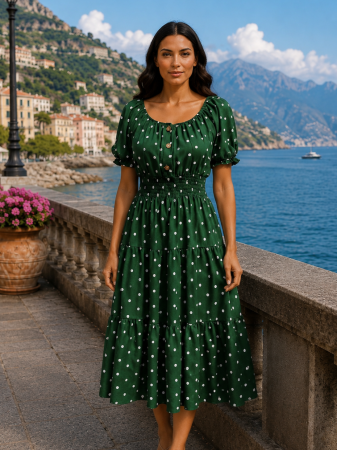 ROCHII MARIMI MARI XXL - Rochie midi verde de vară imprimată cu buline