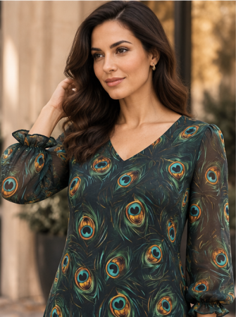 Rochie midi verde cu imprimeu pene de păun și mâneci vaporoase [5]