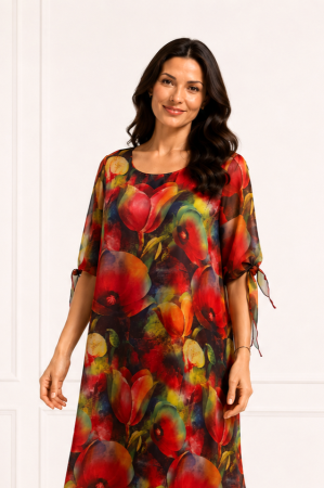 Rochie midi roșie cu imprimeu floral și mâneci vaporoase [3]