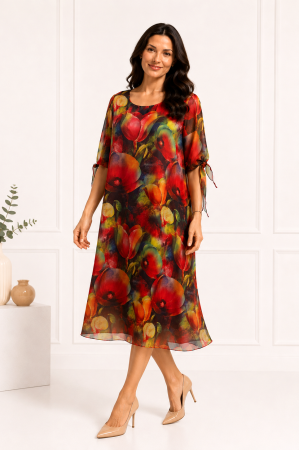 TOATE PRODUSELE - Rochie midi roșie cu imprimeu floral și mâneci vaporoase
