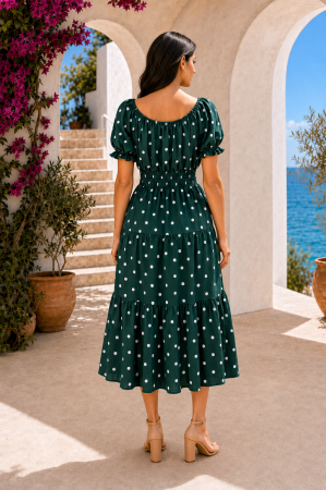 Rochie midi verde de vară imprimată cu buline [2]