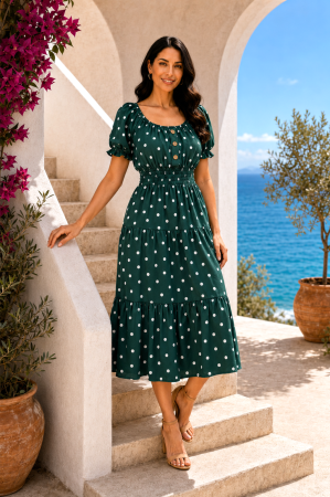 TOATE PRODUSELE - Rochie midi verde de vară imprimată cu buline
